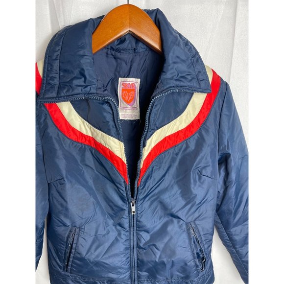 Vintage Ski Jacket Womens S/M SKYR 70s Retro Puffer Navy Blue Red White Stripe - Picture 5 of 12